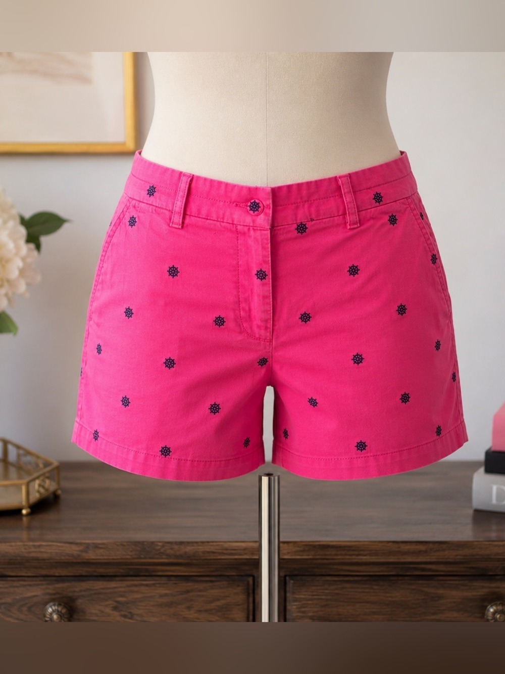 British Khaki Hot Pink Bermuda Shorts with Navy Embroidery